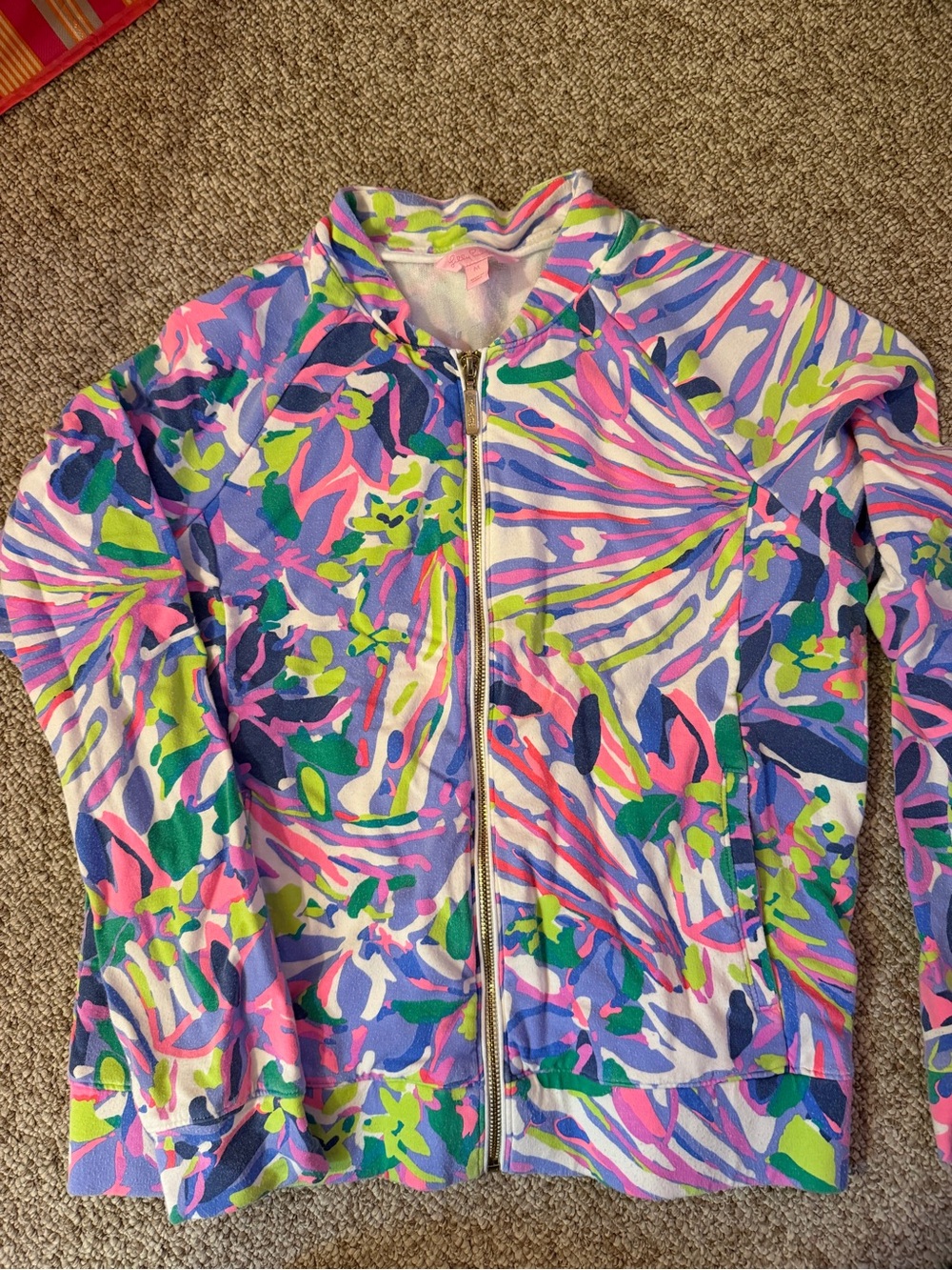 Colorful Floral Zip-Up Jacket - Pink, Blue, Green